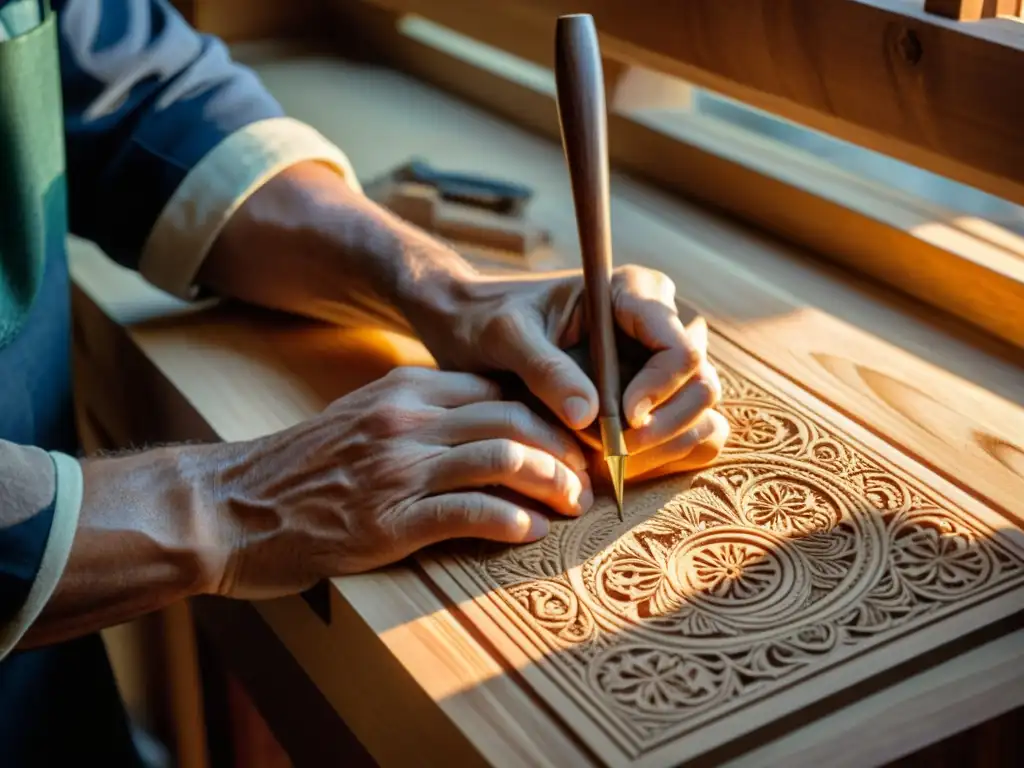 Un artesano talla con esmero detalles en madera, iluminado por la cálida luz, reflejando el financiamiento para artesanos digitales