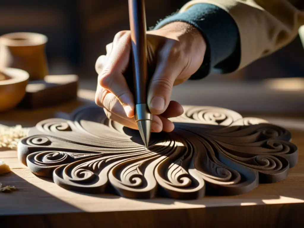 Un artesano talla con esmero diseños en madera oscura, resaltados por la cálida luz del taller