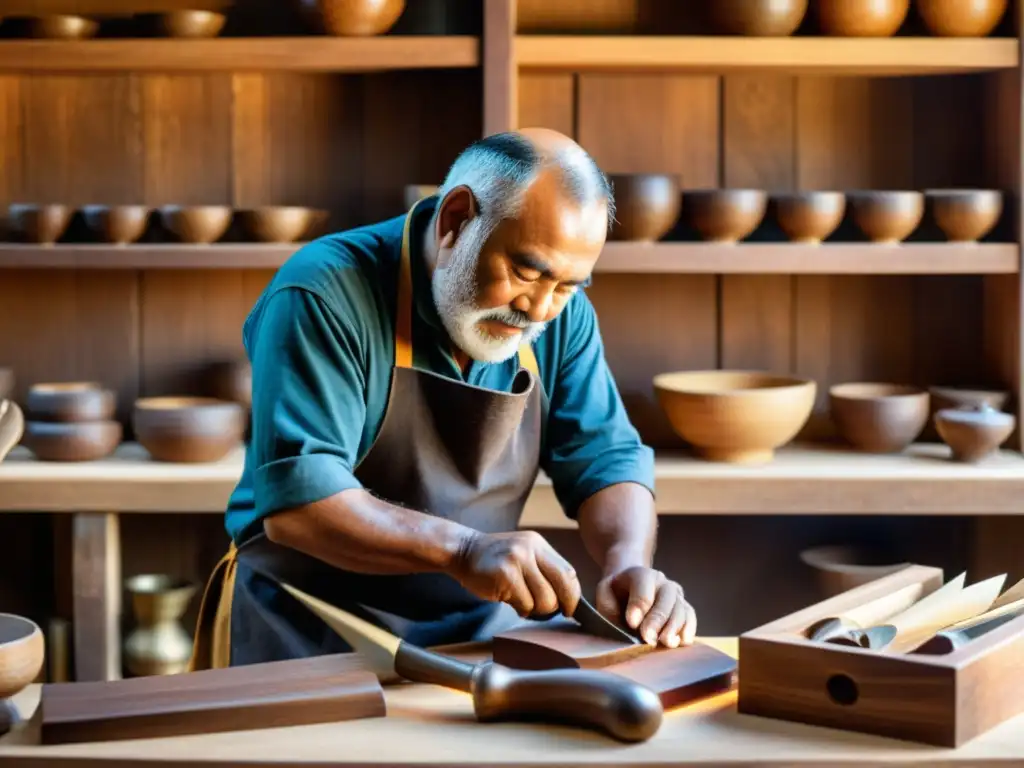 Un artesano talla con esmero una hermosa pieza de madera oscura en su taller rústico, iluminado por la cálida luz de la tarde