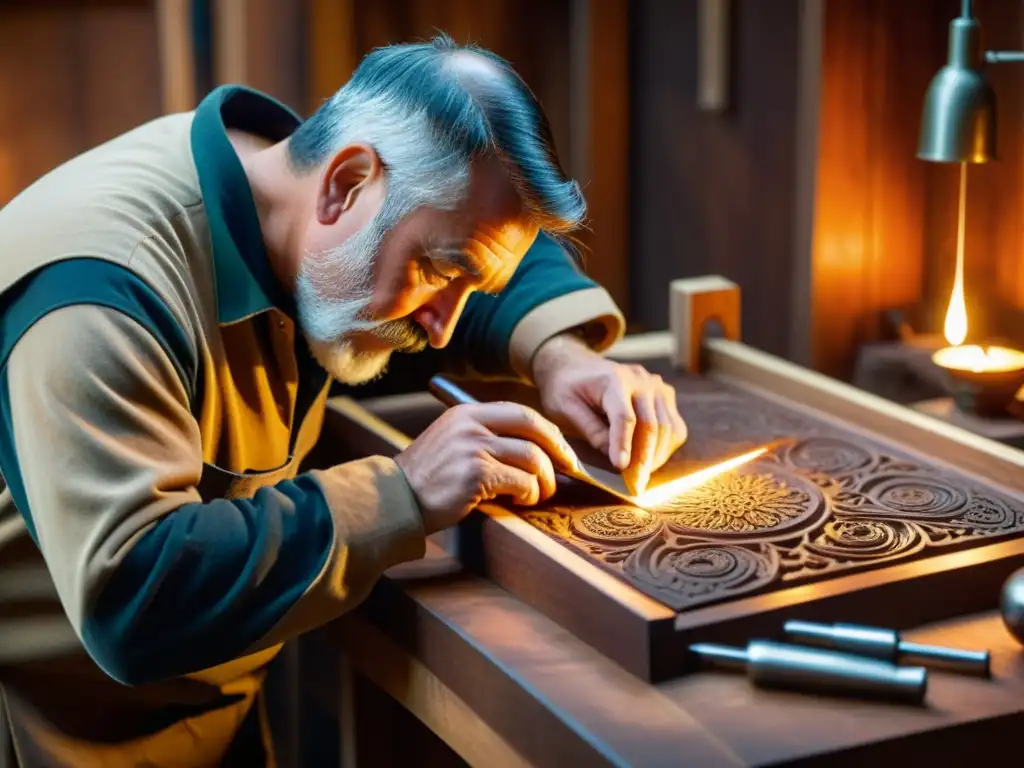 Un artesano talla con esmero en madera oscura en su taller cálido y dorado, reflejando la tradición y el diseño web para artesanías tradicionales