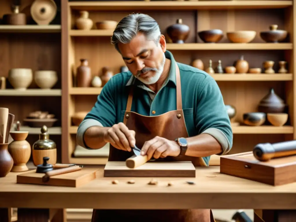 Un artesano talla con esmero una pieza de madera en un ambiente nostálgico y auténtico