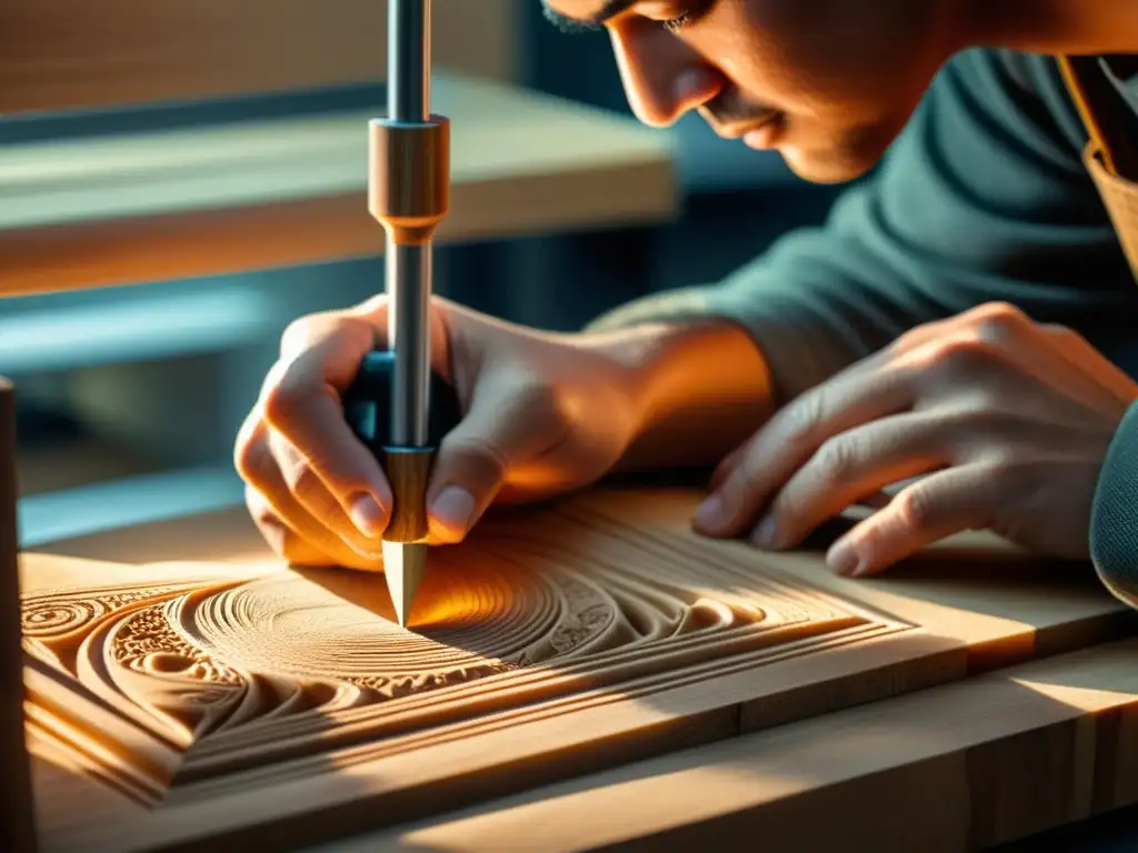 Un artesano talla con esmero una pieza de madera, mostrando la artesanía tradicional con impresión 3D en segundo plano