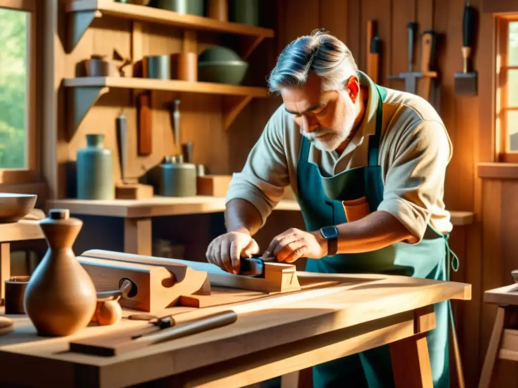 Un artesano talla con esmero un producto de madera en un taller rústico, rodeado de herramientas digitales y materiales ecológicos