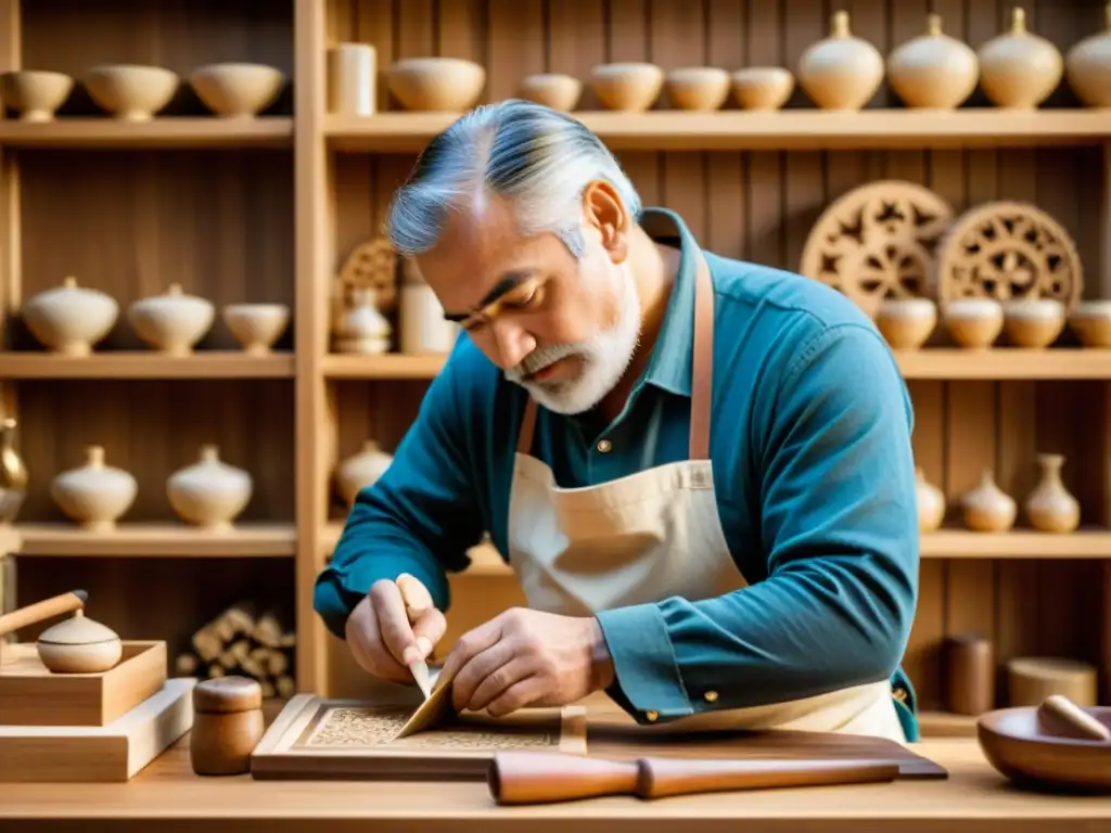 Un artesano talla con habilidad diseños en madera, rodeado de herramientas tradicionales y artesanías vintage