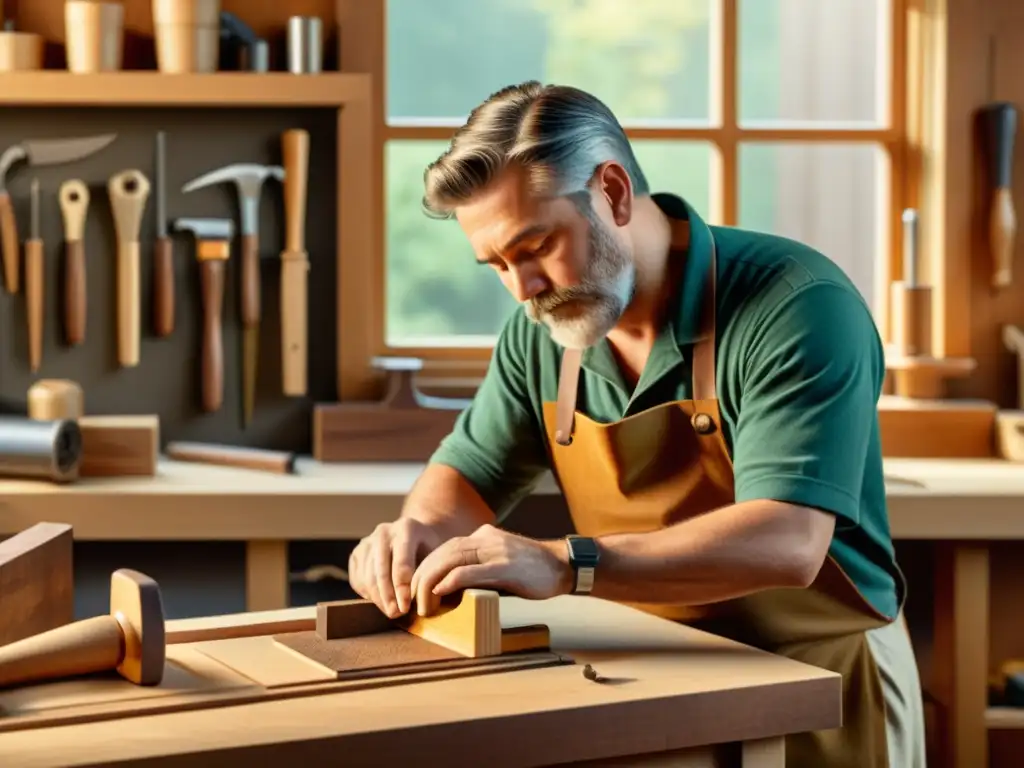 Un artesano talla una herramienta de madera en un taller bien iluminado, rodeado de herramientas artesanales e implementos ergonómicos modernos