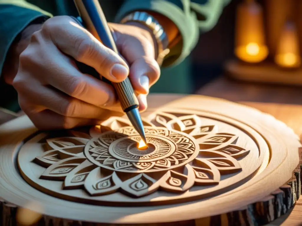 Un artesano talla con herramientas digitales una detallada pieza de madera, en un ambiente cálido y vintage