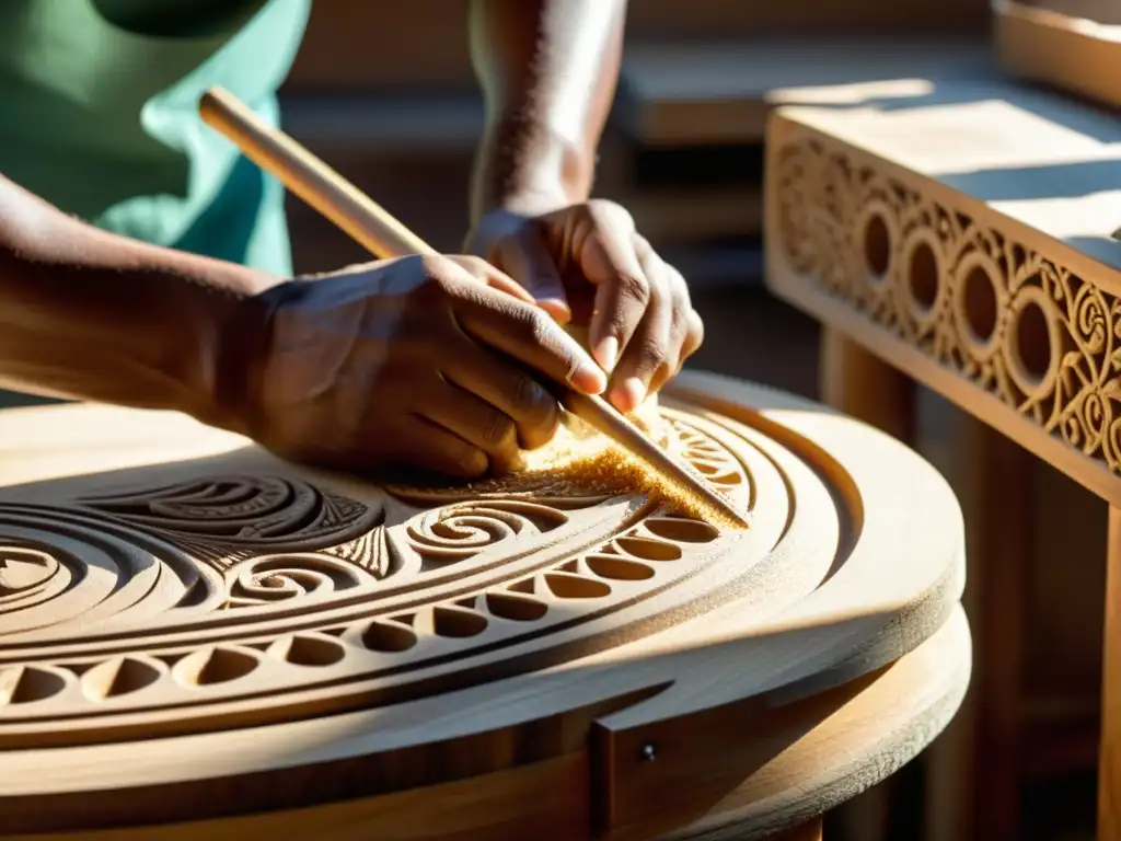 Un artesano talla con maestría un instrumento musical de madera, con destellos de serrín suspendidos en el aire