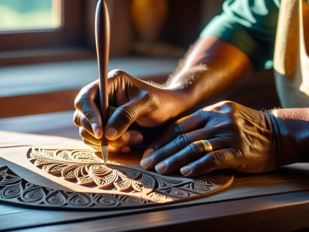 Un artesano talla con precisión en madera, en un ambiente cálido y vintage