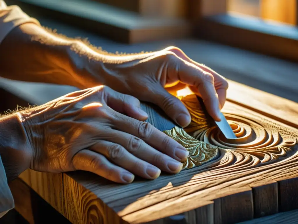 Un artesano talla con maestría en madera envejecida iluminada por luz dorada, evocando artesanía y dedicación atemporal