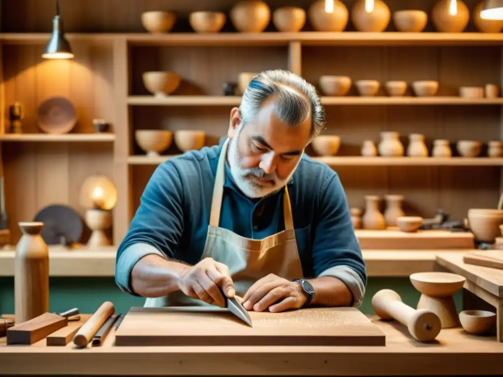 Un artesano talla madera local con destreza en un cálido taller, destacando la importancia de la artesanía en la economía circular