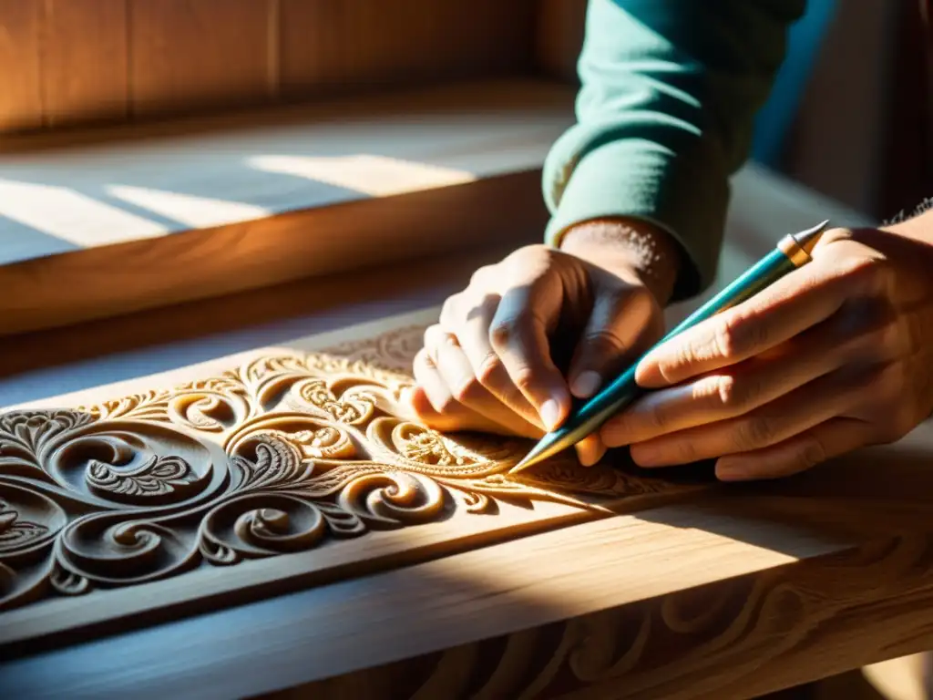 Un artesano talla con precisión en madera, la luz del sol crea tonos cálidos en el taller