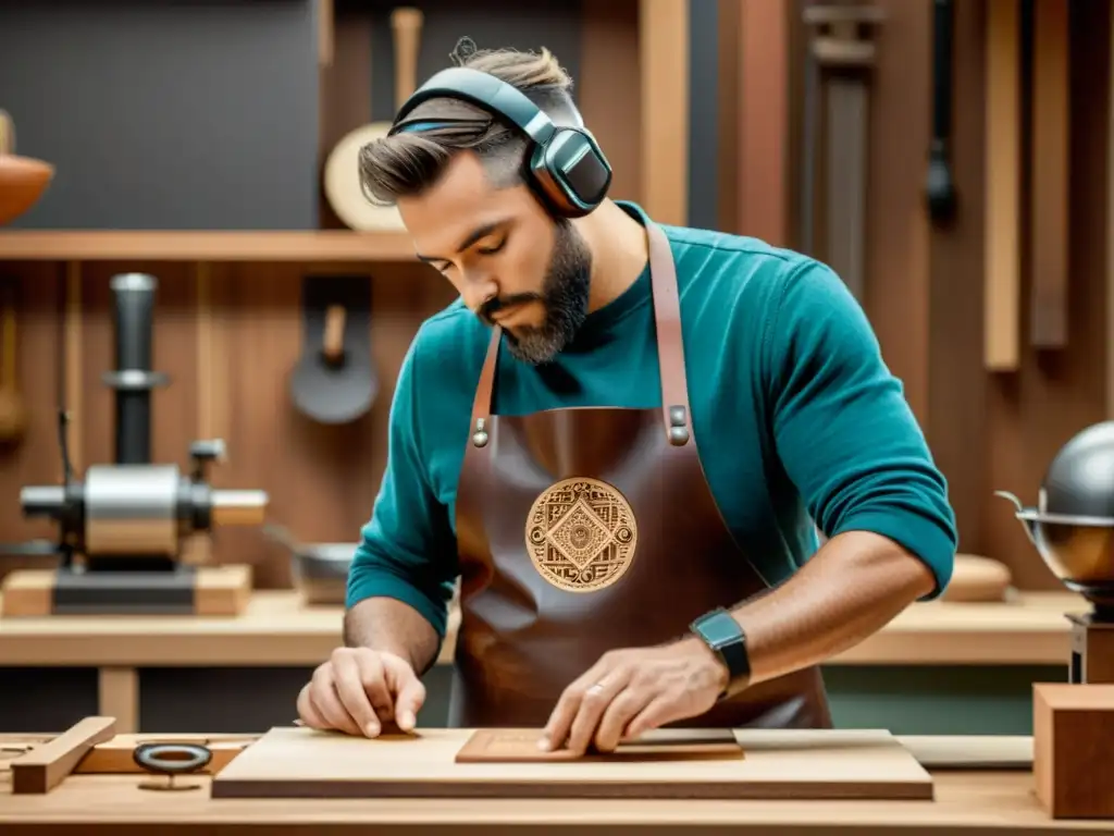 Un artesano talla madera con precisión, usando una realidad aumentada en artesanía digital para fusionar lo tradicional con lo moderno