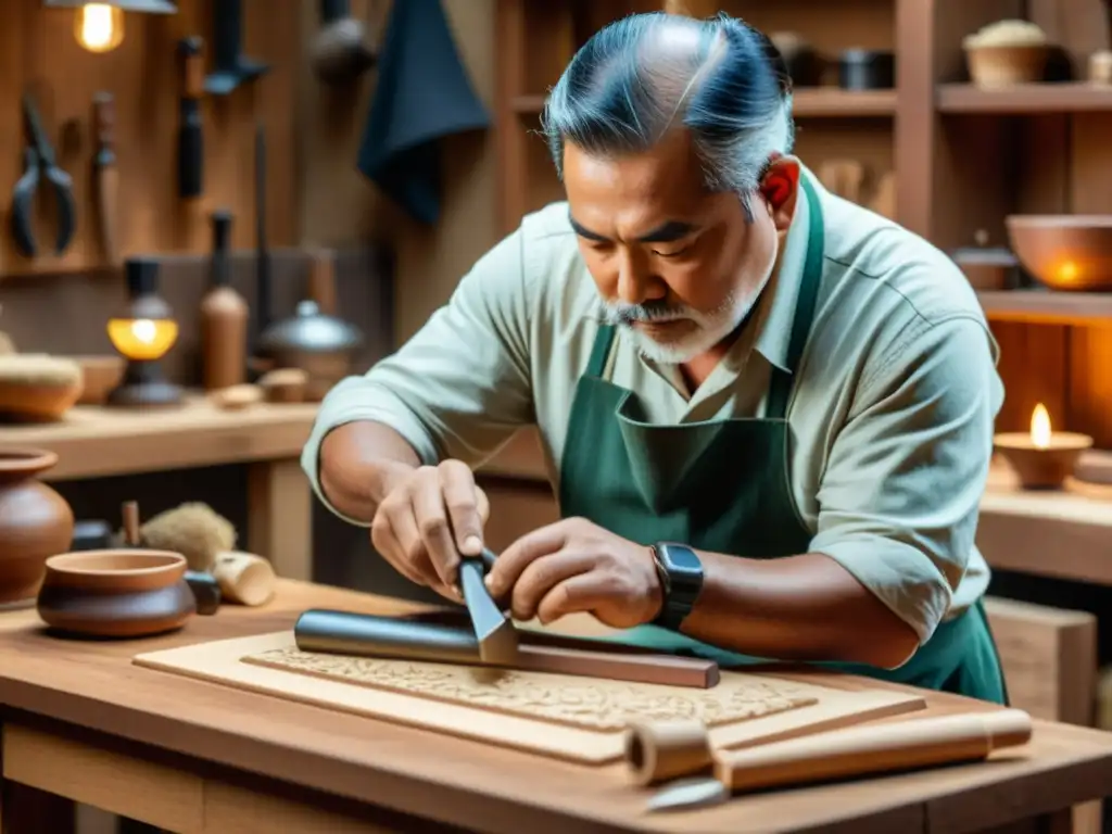 Un artesano talla madera con maestría en un taller tradicional, iluminado por una cálida luz