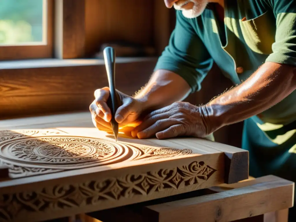 Un artesano talla detalladamente madera en su taller tradicional, mostrando la artesanía y el impacto ambiental de su labor