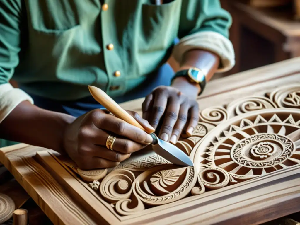 Un artesano talla con precisión en madera, fusionando tecnología limpia y artesanía tradicional en su taller rústico iluminado por luz natural