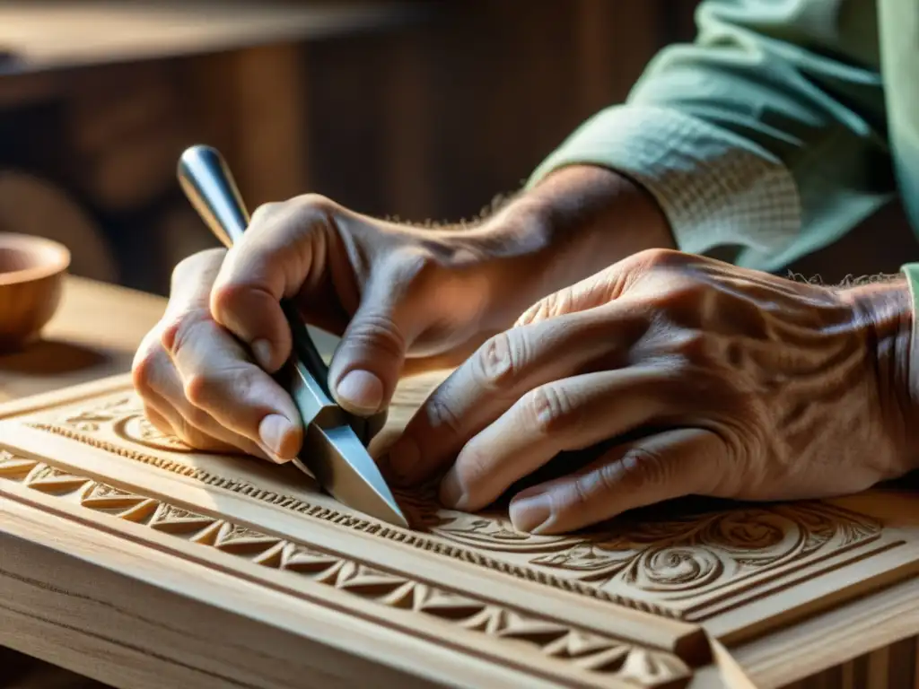 Un artesano talla a mano detalles en madera con herramientas vintage, mostrando la artesanía en diseño personalizado