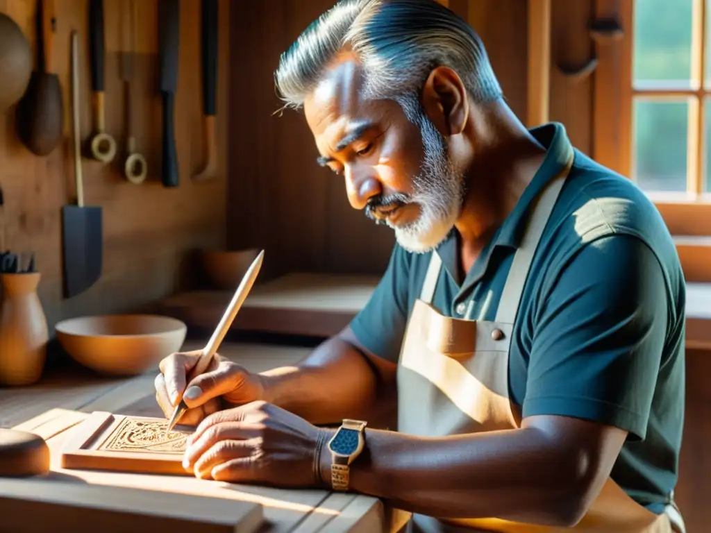 Un artesano talla una máscara de madera con detalles intrincados en un banco de trabajo