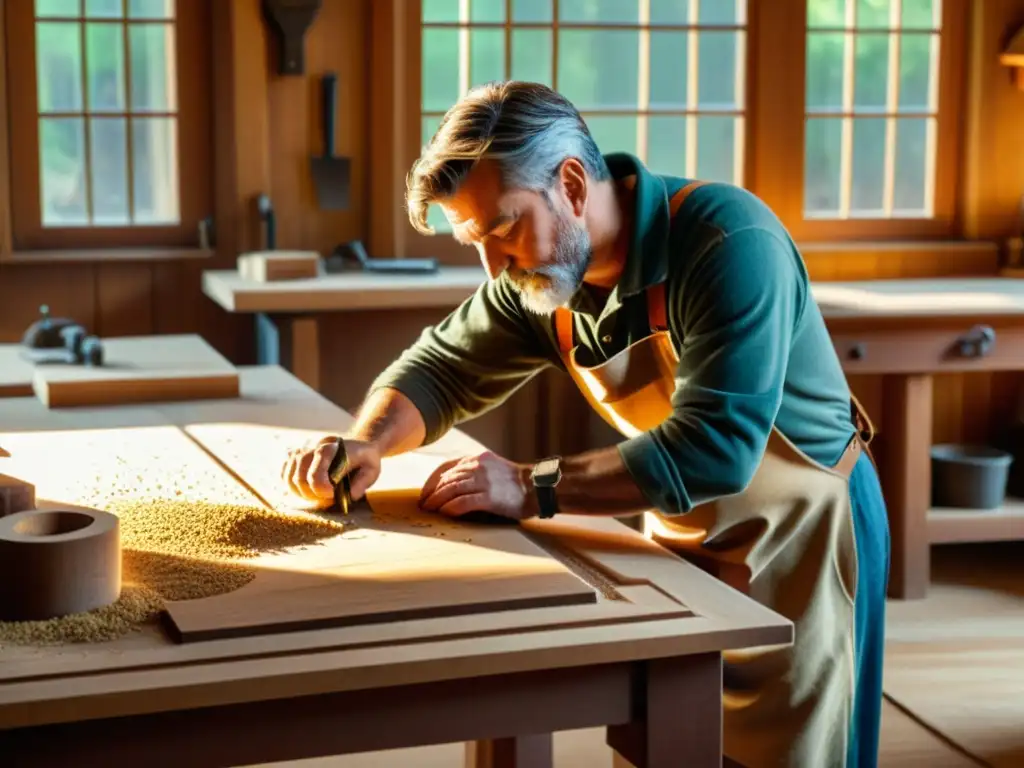 Un artesano talla detalladamente una mesa de madera reciclada en su taller, con luz dorada y técnicas de carpintería digital