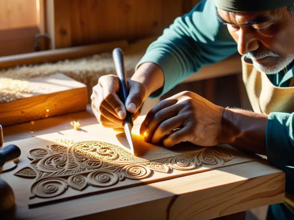 Un artesano talla meticulosamente una obra en madera con herramientas tradicionales en un taller iluminado por la cálida luz del sol