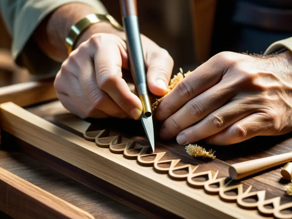 Un artesano talla delicadamente un patrón en madera oscura, creando una obra de arte con dedicación y maestría en su taller vintage