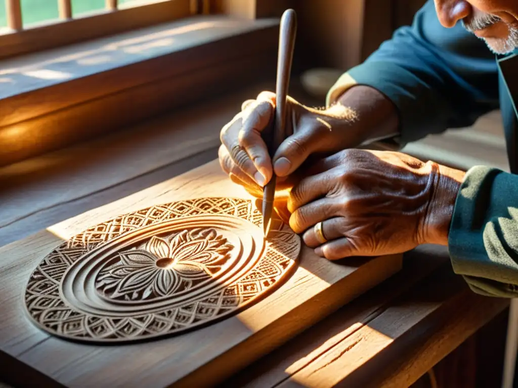 Un artesano talla patrones en un artefacto de madera, con luz solar creando un ambiente cálido y nostálgico