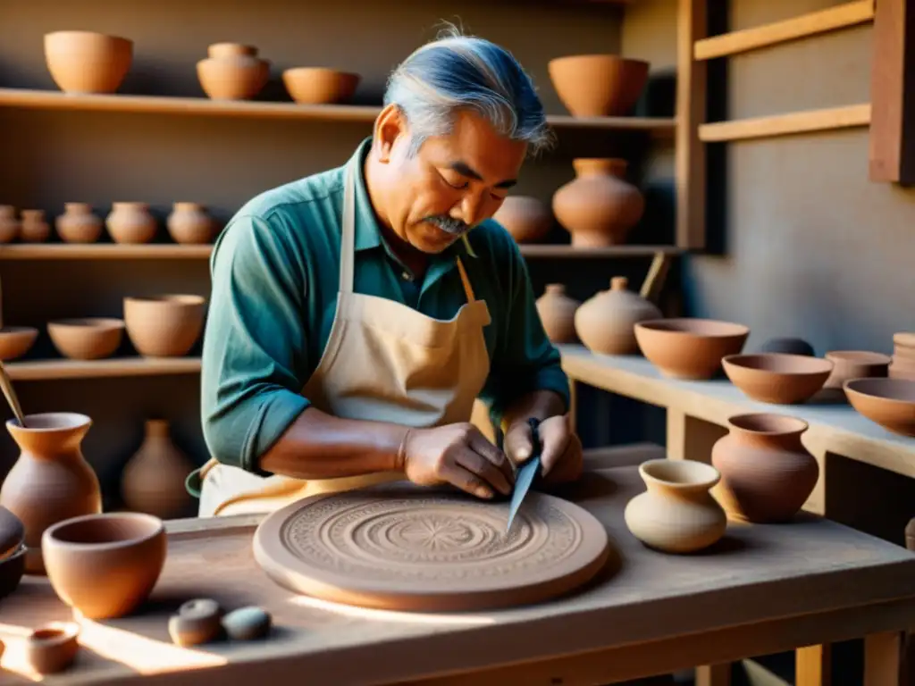 Un artesano talla patrones en cerámica rodeado de herramientas digitales, fusionando artesanía tradicional e innovación digital