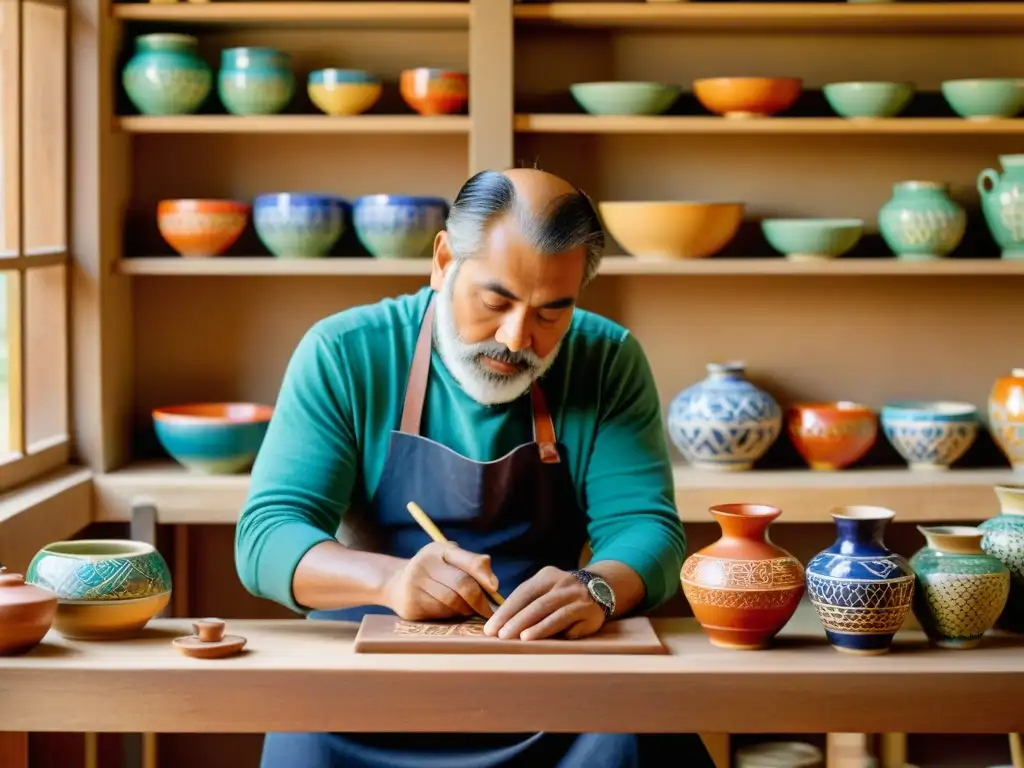 Un artesano talla patrones en cerámica, rodeado de piezas coloridas en un taller vintage