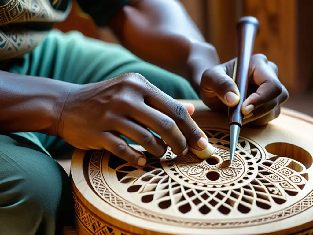 Artesano talla patrones en instrumento musical de madera, mostrando la tradición y destreza en la fabricación de instrumentos musicales digitales