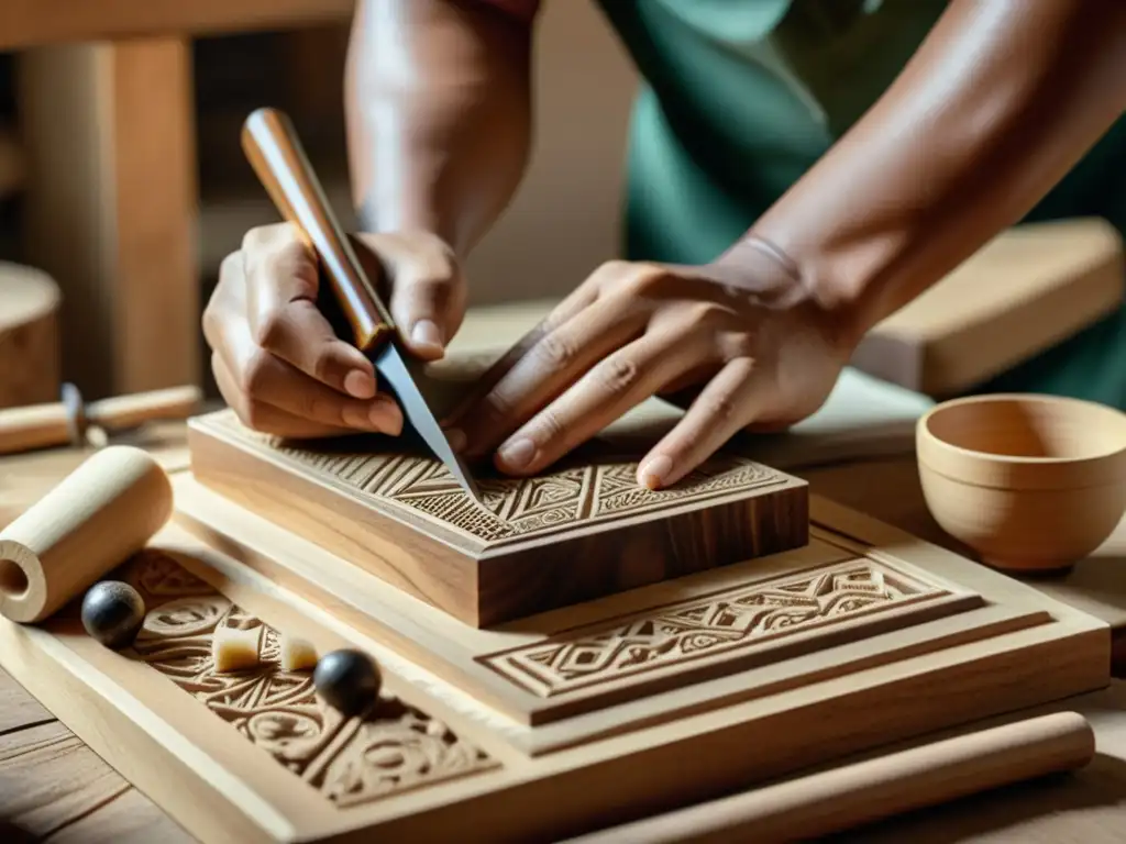 Un artesano talla patrones en madera en un taller lleno de herramientas y materiales