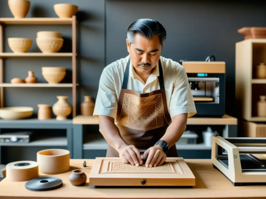 Un artesano talla patrones en madera mientras la impresión 3D se integra en su taller, fusionando tradición con innovación digital