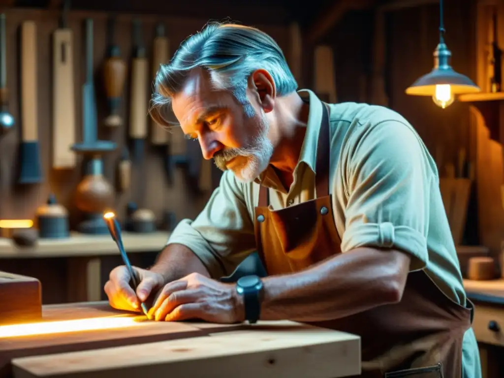 Un artesano talla meticulosamente una pieza de madera en un taller tenue, resaltando la naturaleza artesanal de los productos analizados en la web