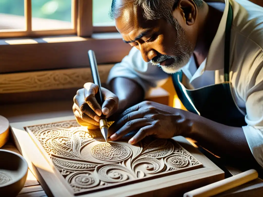 Un artesano talla con precisión un bloque de madera rodeado de herramientas tradicionales