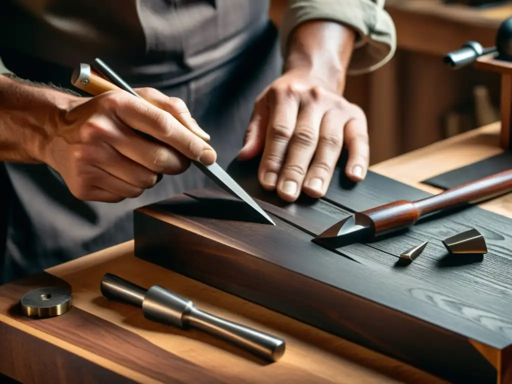 Un artesano talla con precisión un instrumento musical digital con técnicas tradicionales, rodeado de herramientas vintage