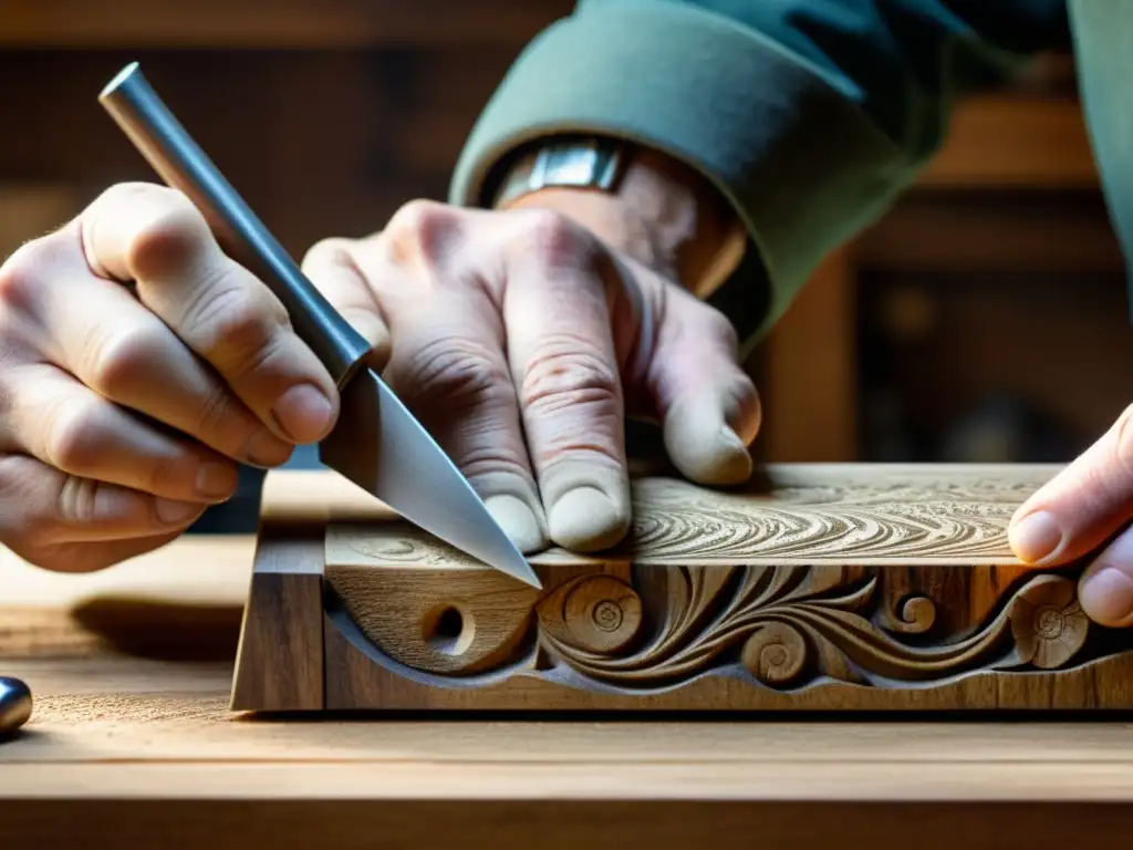 Artesano tallando madera: tradición y destreza artesanal Un artesano talla con precisión un patrón en madera, sus manos muestran años de dedicación