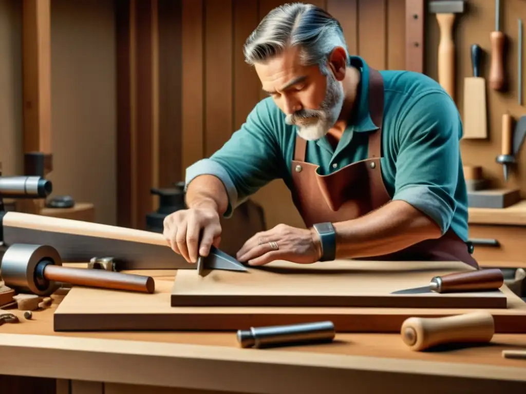 Un artesano talla con precisión un mango de madera para una herramienta digital, fusionando ergonomía en herramientas artesanales digitales