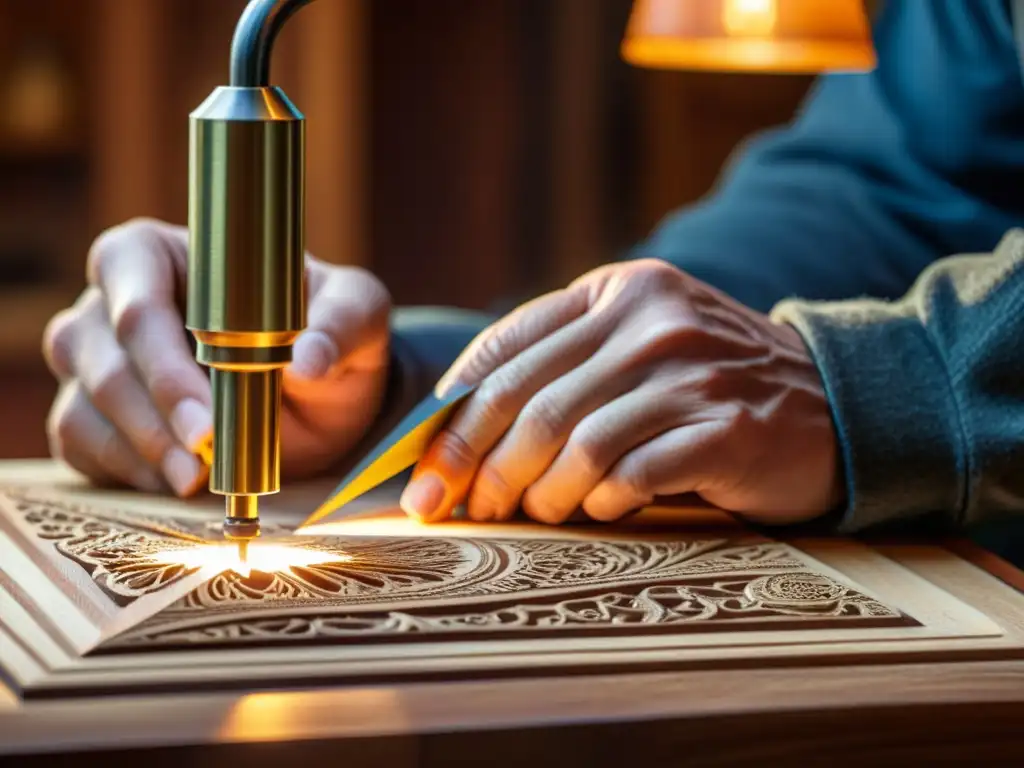 Un artesano talla con precisión una pieza de madera, iluminado por una lámpara vintage