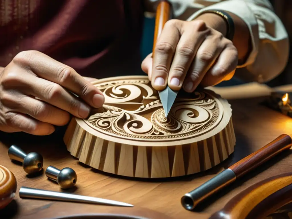 Un artesano talla con precisión una pieza de madera para crear un instrumento musical tradicional, rodeado de herramientas antiguas y una cálida iluminación