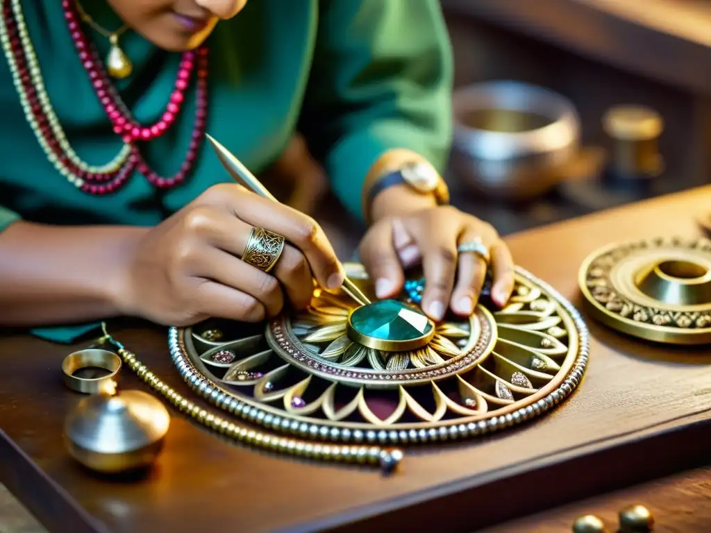 Artesano en taller cálido, creando joyería étnica con metal y gemas, evocando tradición y transformación digital en orfebrería étnica