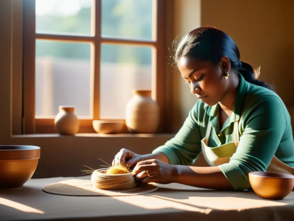 Artesano en taller ecofriendly, creando productos sostenibles con ecodiseño digital, rodeado de materiales naturales