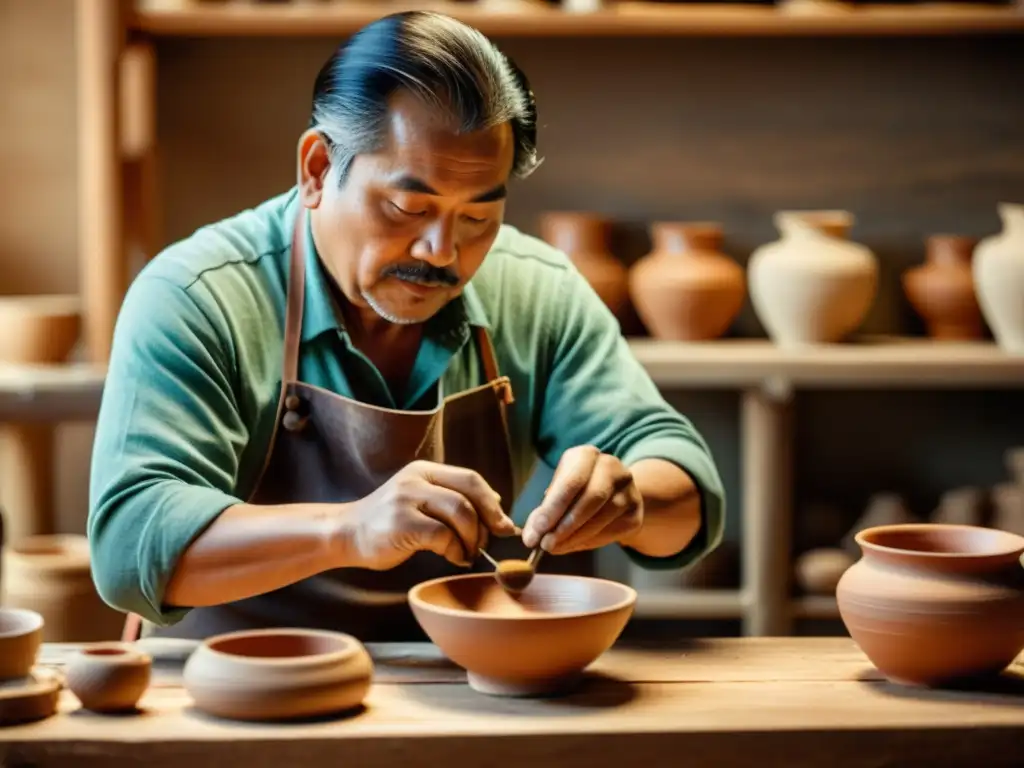 Un artesano trabaja meticulosamente en su taller, creando una hermosa pieza de cerámica