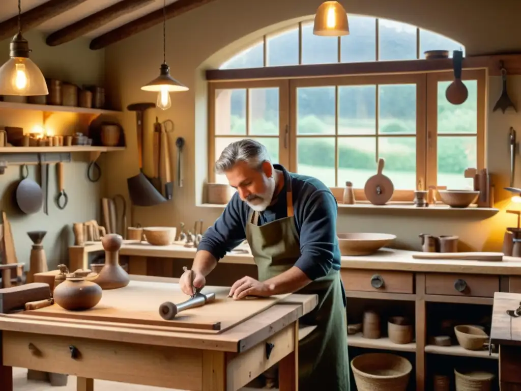 Artesano en taller con herramientas antiguas, piezas artesanales y luz cálida