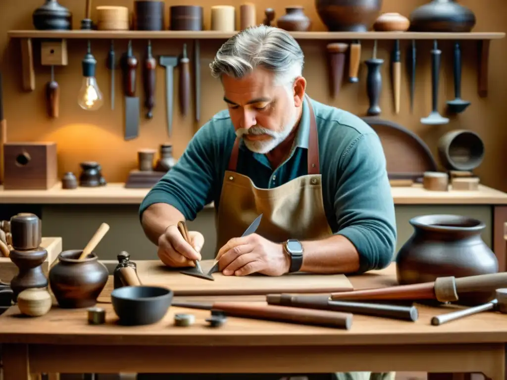 Un artesano en su taller con herramientas tradicionales, destacando la artesanía y las estrategias de mentoría virtual