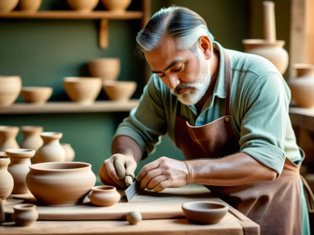 Un artesano trabaja meticulosamente en un taller de madera, creando una hermosa pieza de cerámica