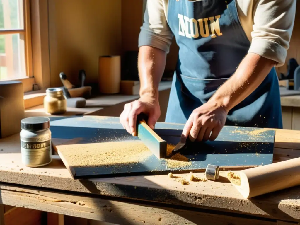 Un artesano en su taller, lijando madera recuperada en un banco de trabajo antiguo