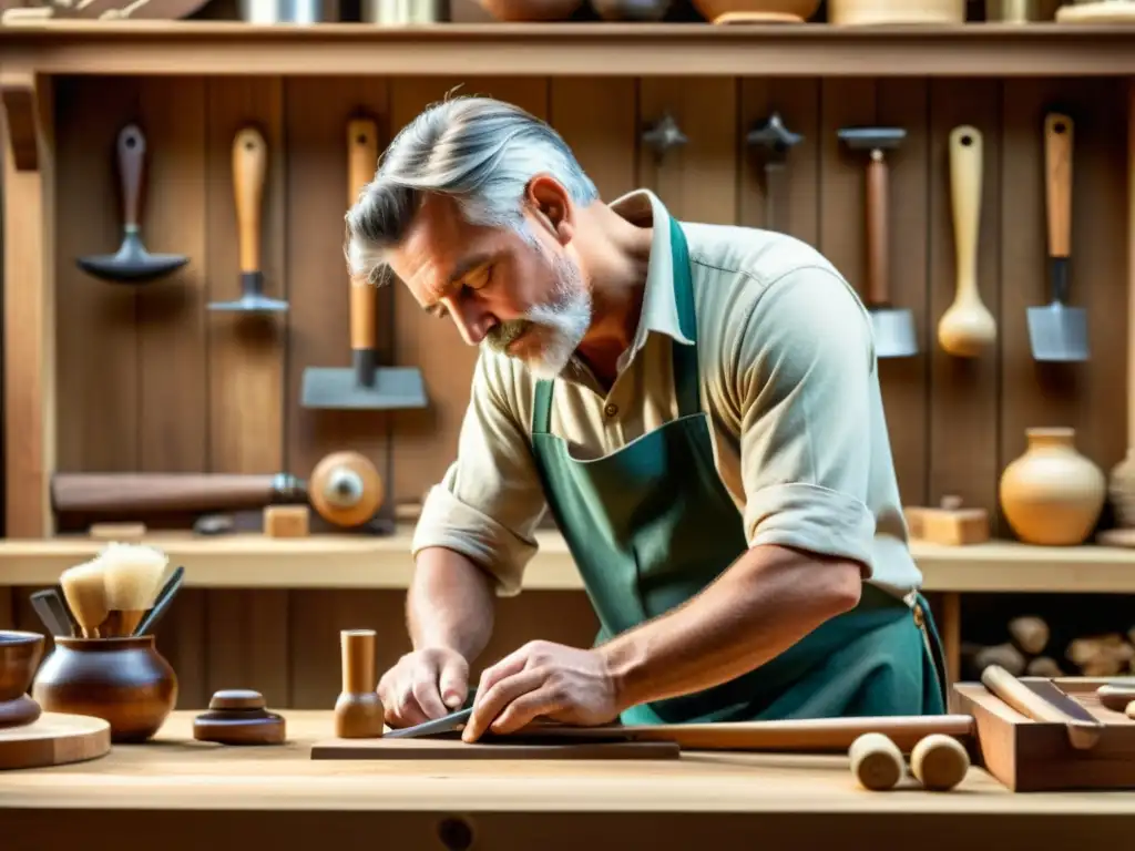 Artesano en su taller de madera, rodeado de herramientas tradicionales y materiales naturales