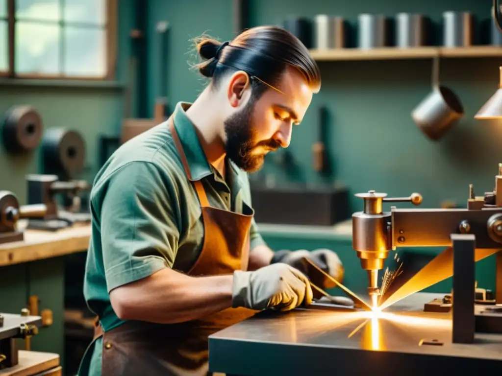 Un artesano en su taller de metalurgia creativa, concentrado en el prototipado rápido