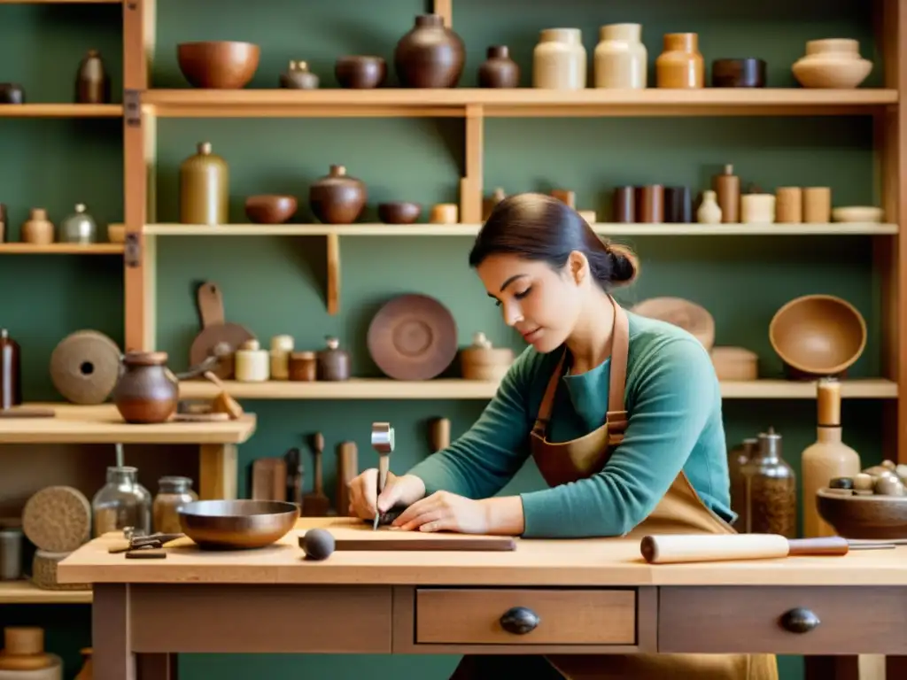 Artesano en su taller rodeado de herramientas y materiales, creando productos artesanales