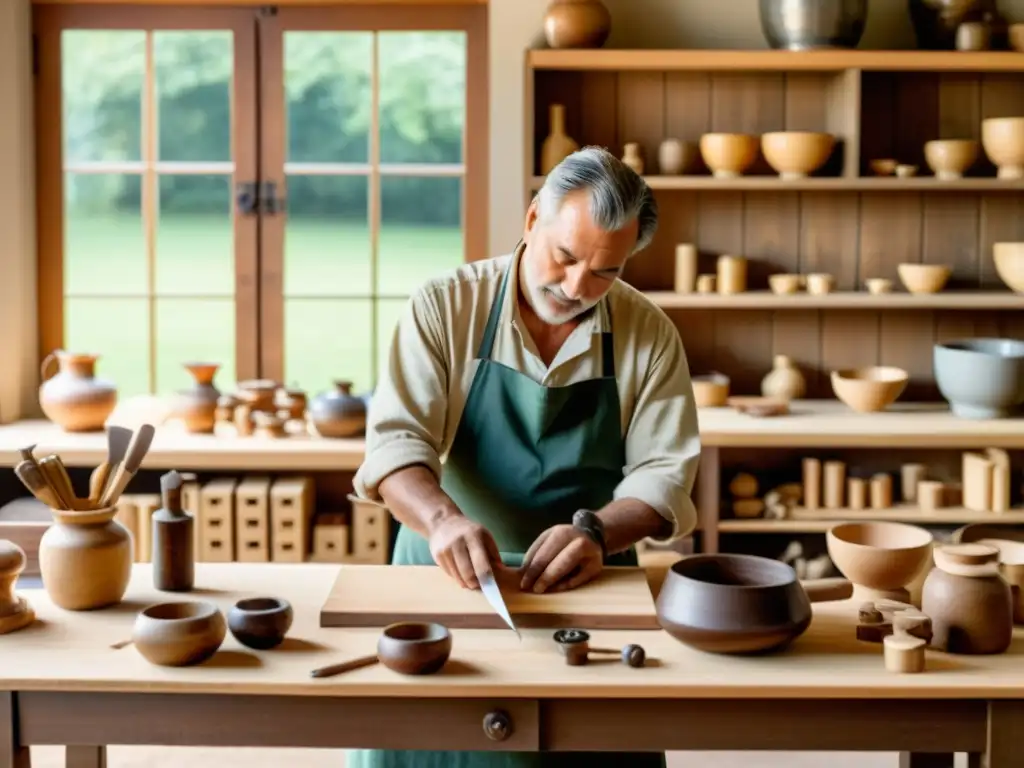 Un artesano trabaja en su taller rodeado de herramientas y artesanías, capturando la esencia de la artesanía tradicional en la era digital