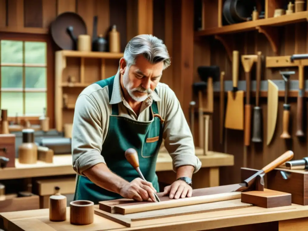 Un artesano trabaja en su taller rodeado de herramientas tradicionales, creando una obra de madera