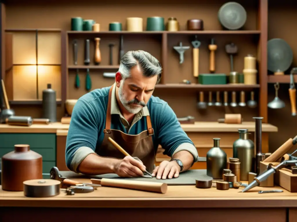 Un artesano trabajando en su taller, rodeado de herramientas y materiales, con una expresión concentrada